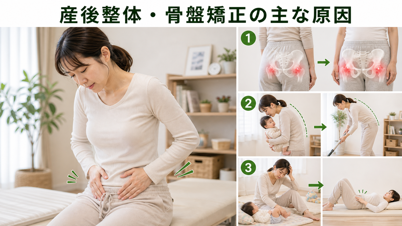 産後整体・骨盤矯正の主な原因を姿勢・関節・筋肉・生活動作のつながりから確認するイメージ画像