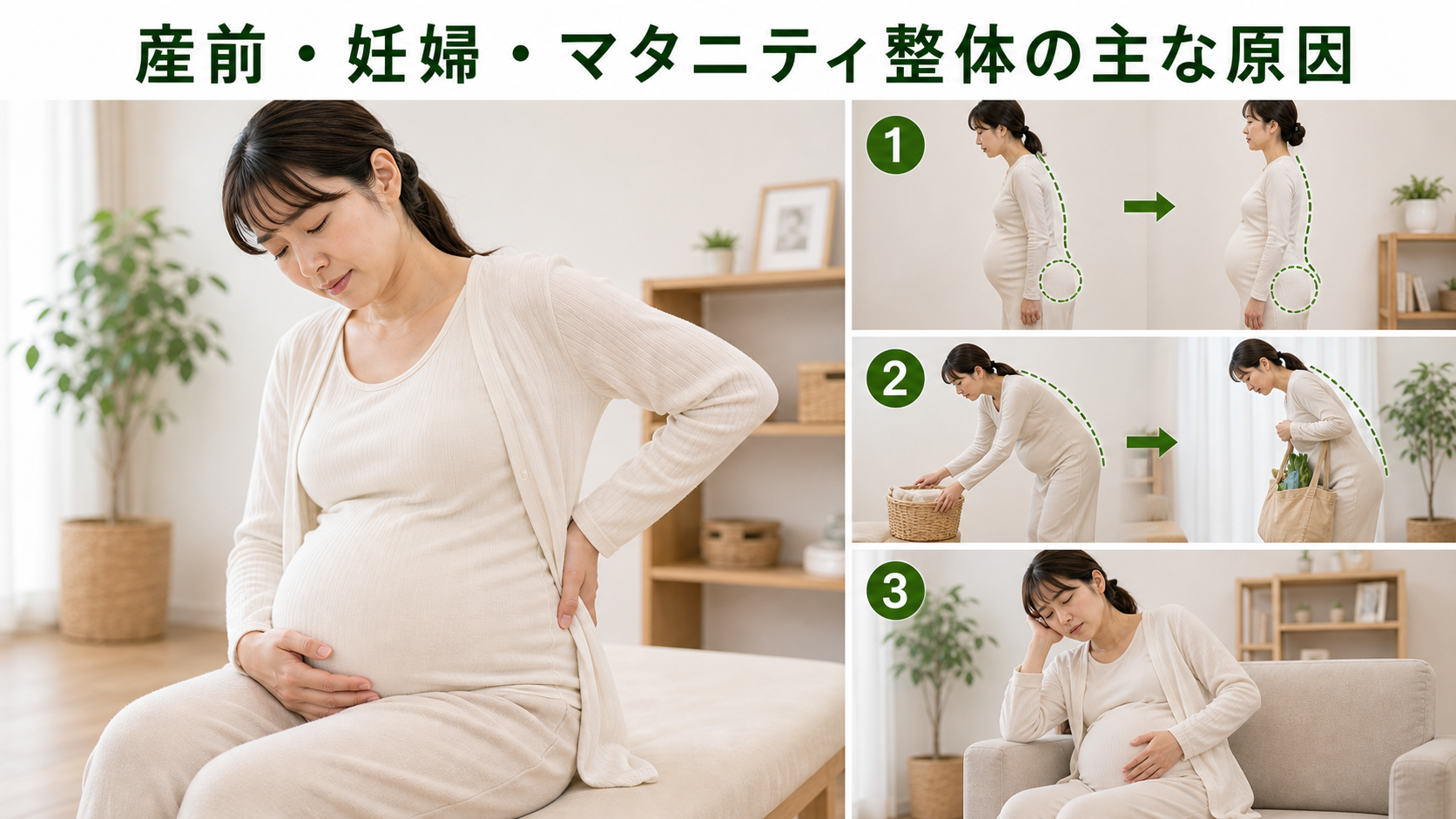 産前・妊婦・マタニティ整体の主な原因を姿勢・関節・筋肉・生活動作のつながりから確認するイメージ画像