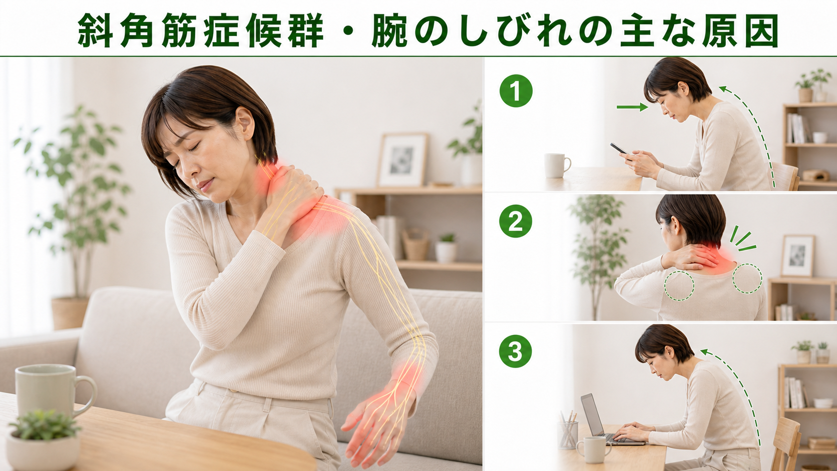 斜角筋症候群・腕のしびれの主な原因を姿勢・関節・筋肉・生活動作のつながりから確認するイメージ画像