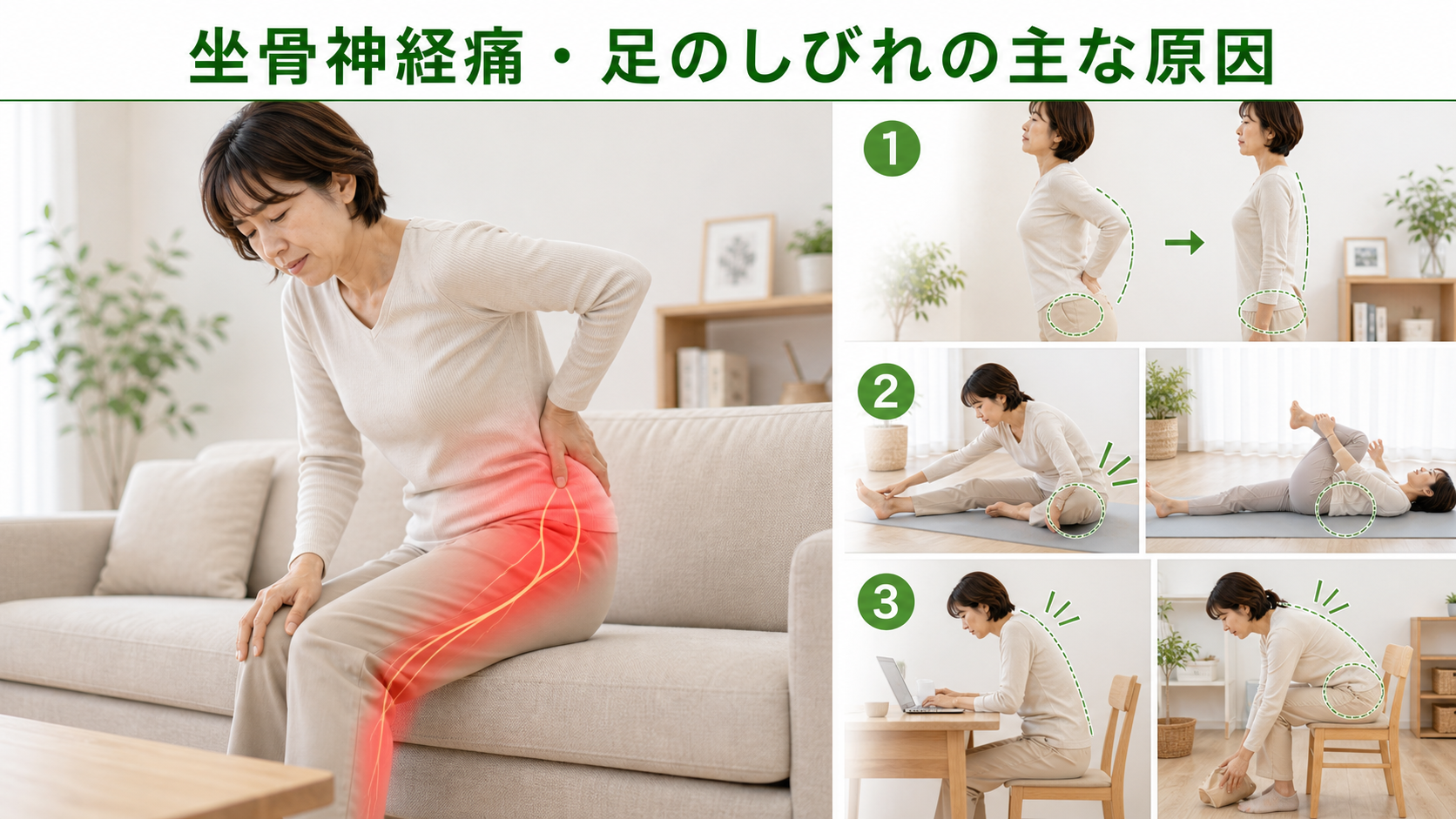 坐骨神経痛・足のしびれの主な原因を姿勢・関節・筋肉・生活動作のつながりから確認するイメージ画像