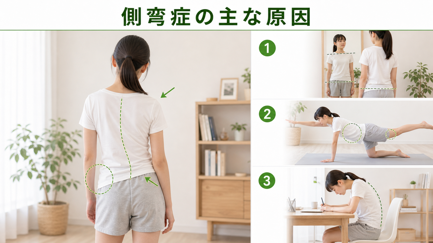 側弯症の主な原因を姿勢・関節・筋肉・生活動作のつながりから確認するイメージ画像