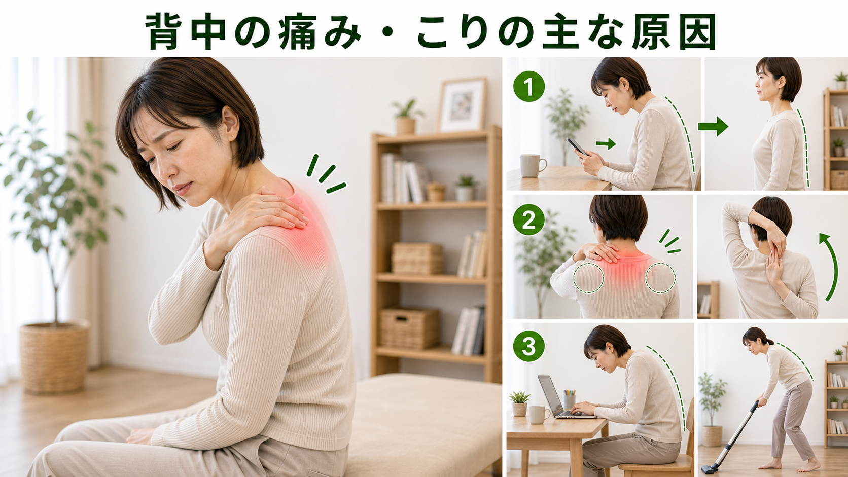 背中の痛み・こりの主な原因を姿勢・関節・筋肉・生活動作のつながりから確認するイメージ画像