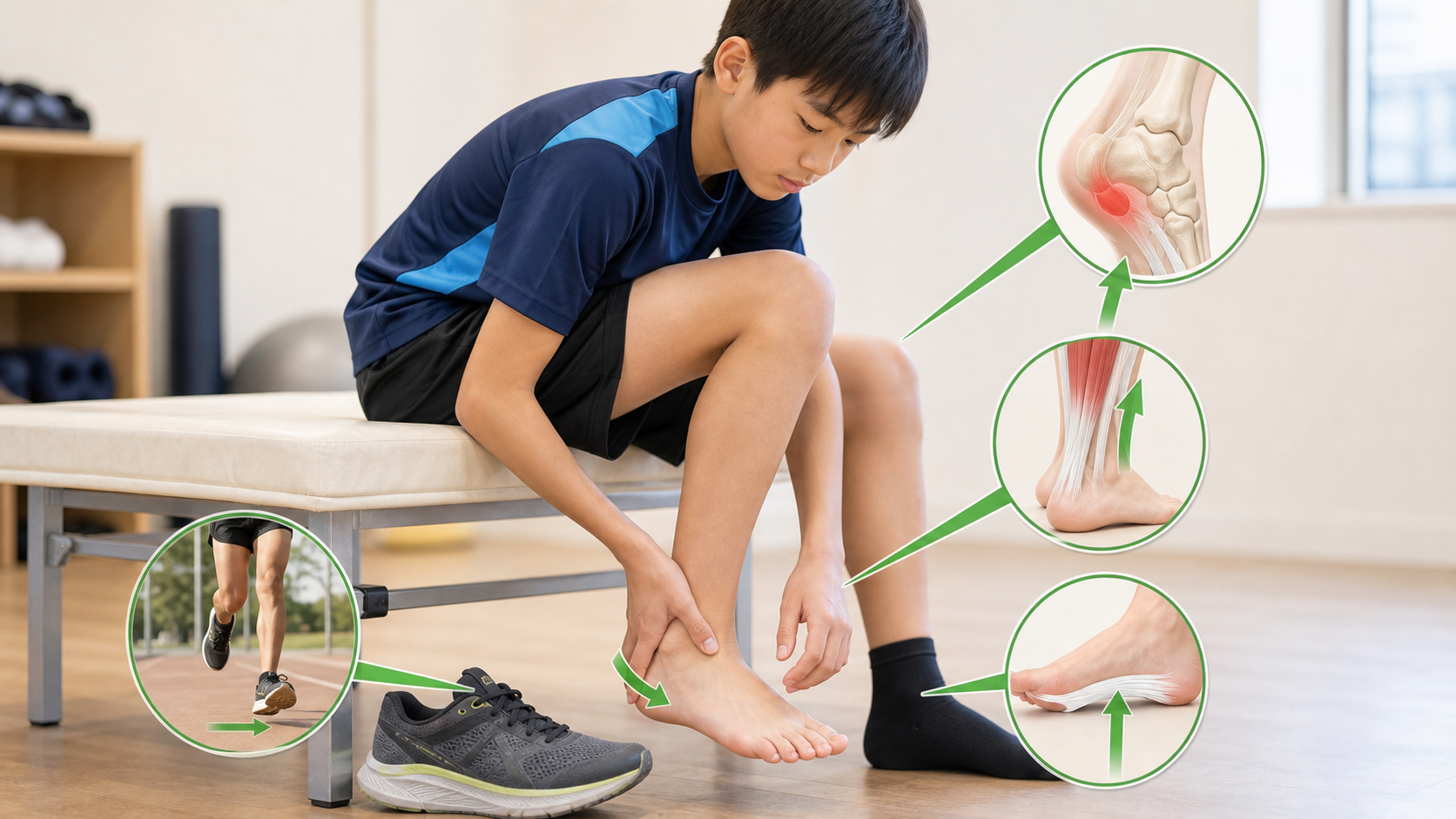 シーバー病・かかとの成長痛の主な原因を成長期のかかととスポーツ負荷から説明するイメージ画像