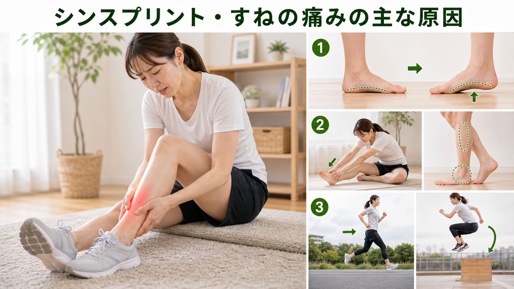 シンスプリント・すねの痛みの主な原因を姿勢・関節・筋肉・生活動作のつながりから確認するイメージ画像