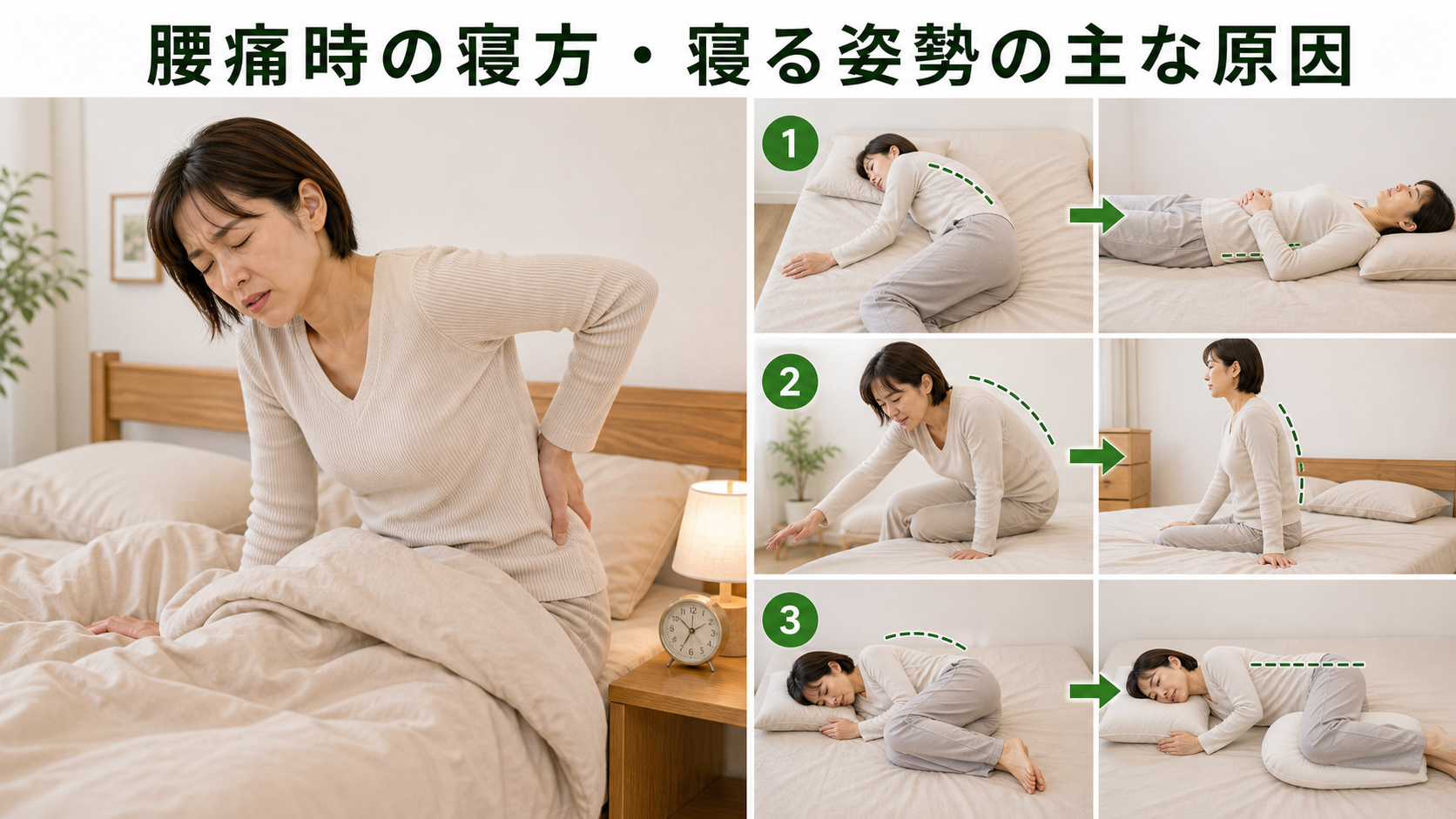 腰痛時の寝方・寝る姿勢の主な原因を姿勢・関節・筋肉・生活動作のつながりから確認するイメージ画像