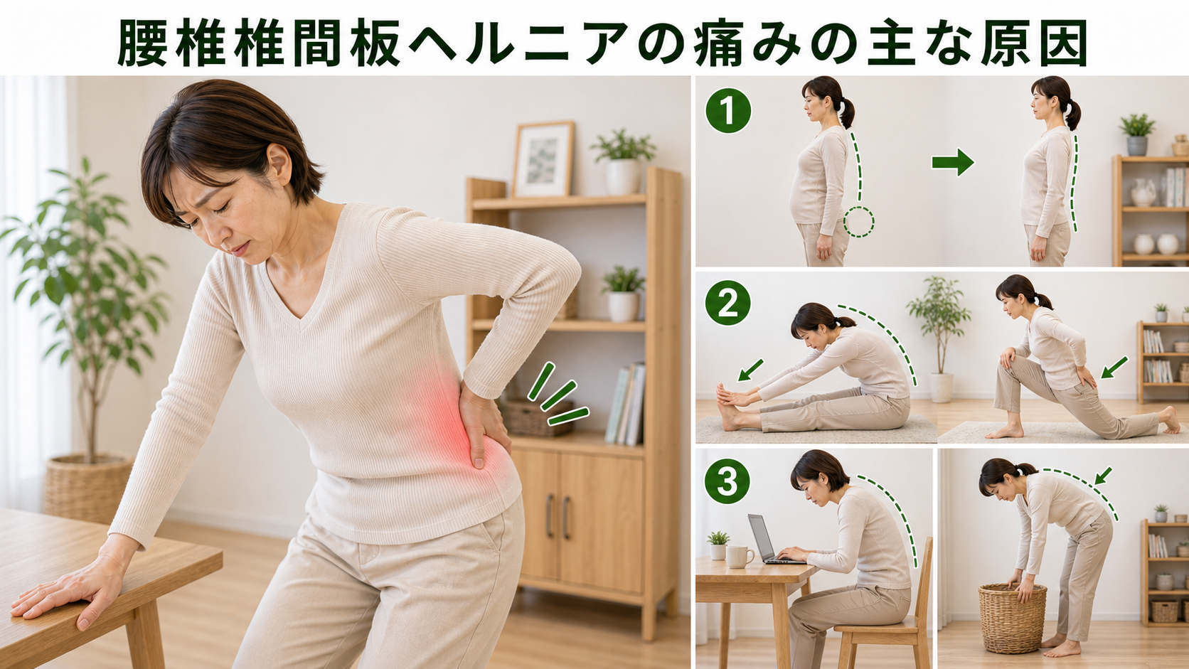 腰椎椎間板ヘルニアの痛みの主な原因を姿勢・関節・筋肉・生活動作のつながりから確認するイメージ画像