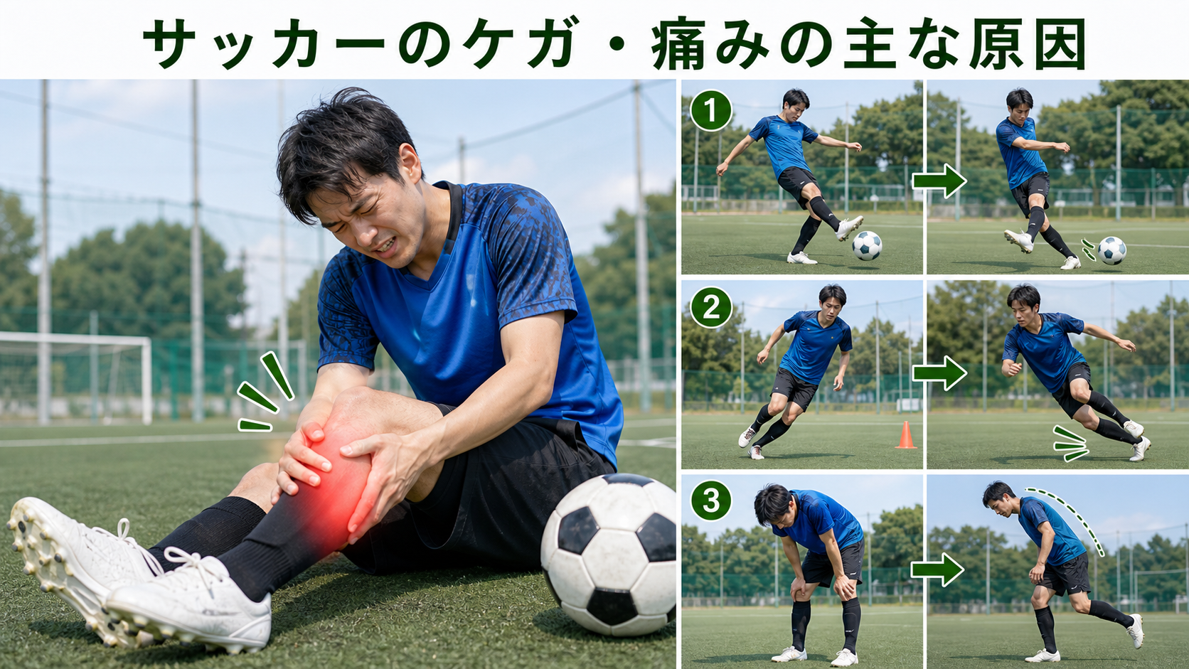 サッカーのケガ・痛みの主な原因を姿勢・関節・筋肉・生活動作のつながりから確認するイメージ画像