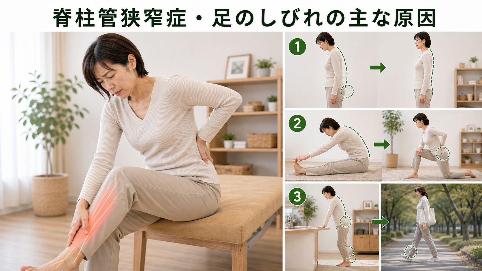 脊柱管狭窄症・足のしびれの主な原因を姿勢・関節・筋肉・生活動作のつながりから確認するイメージ画像