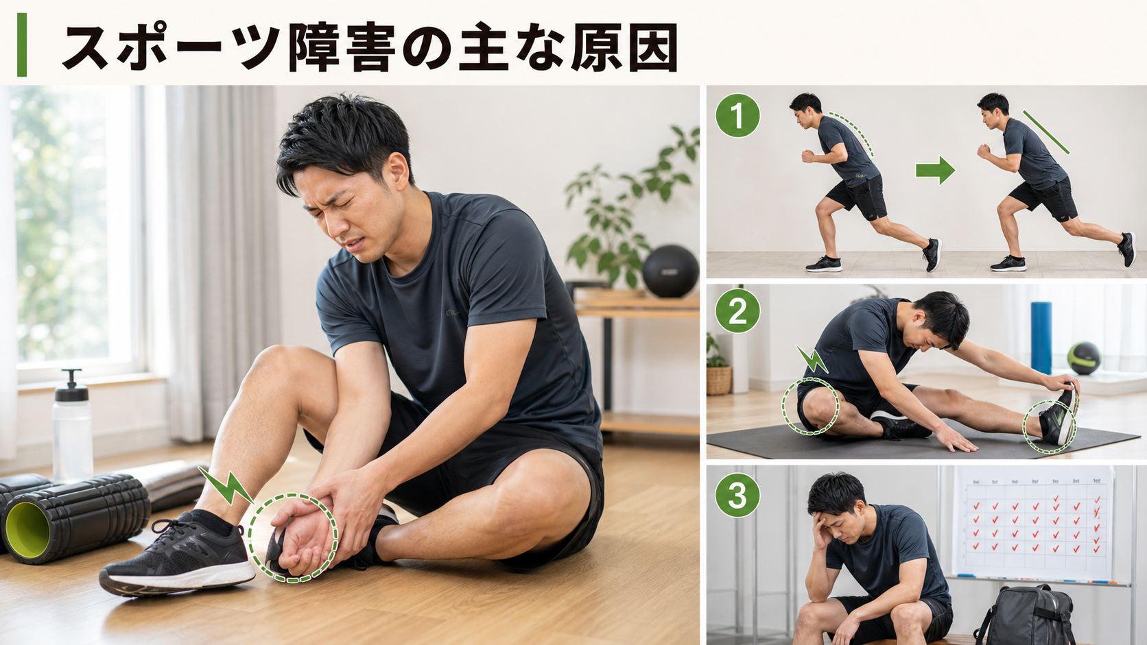 スポーツ障害の主な原因を姿勢・関節・筋肉・生活動作のつながりから確認するイメージ画像