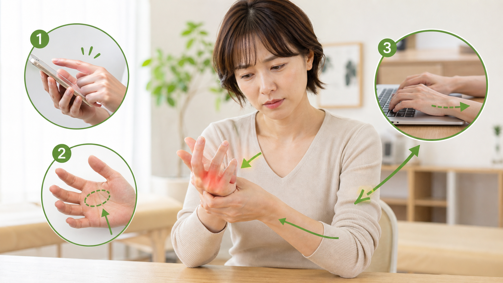 ばね指・指の痛みの主な原因を手の使いすぎや手掌部の負担から説明するイメージ画像