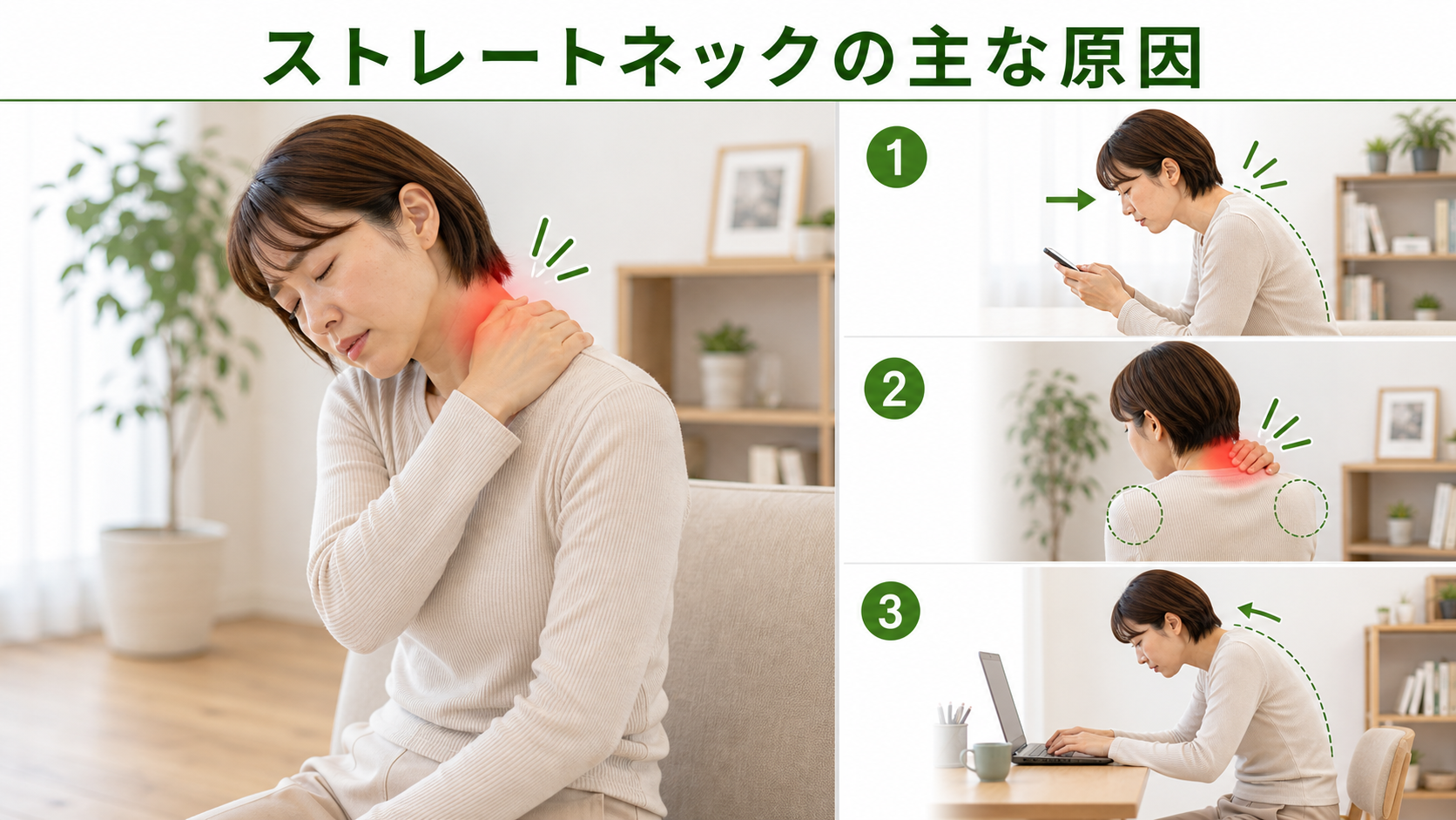 ストレートネックの主な原因を姿勢・関節・筋肉・生活動作のつながりから確認するイメージ画像