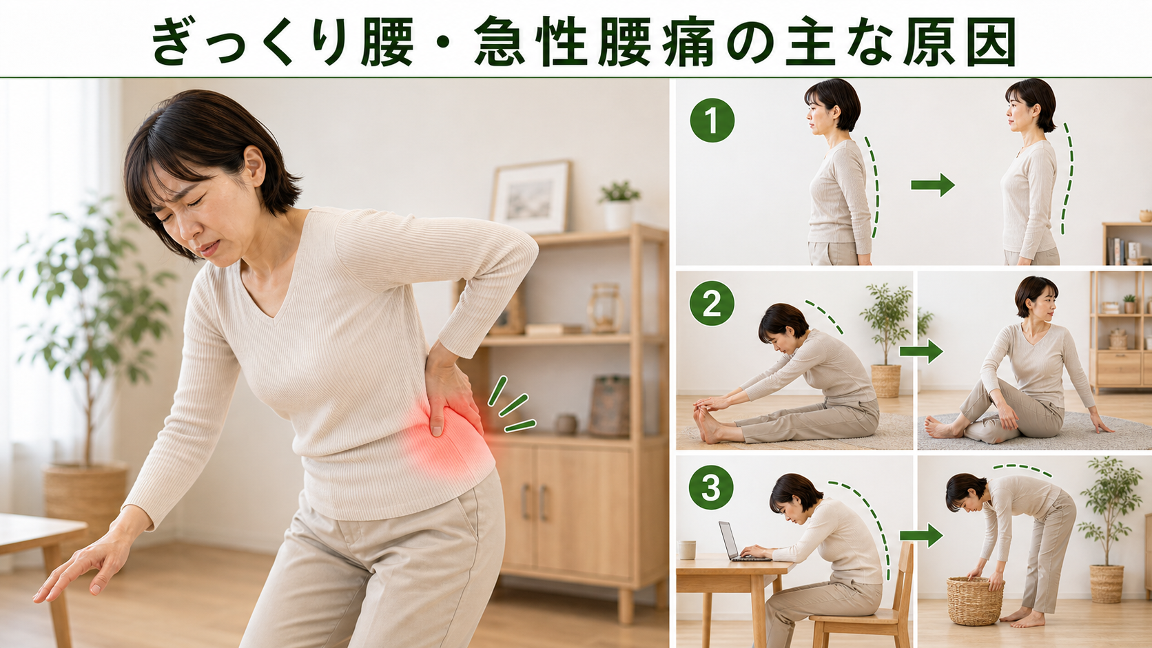 ぎっくり腰・急性腰痛の主な原因を姿勢・関節・筋肉・生活動作のつながりから確認するイメージ画像