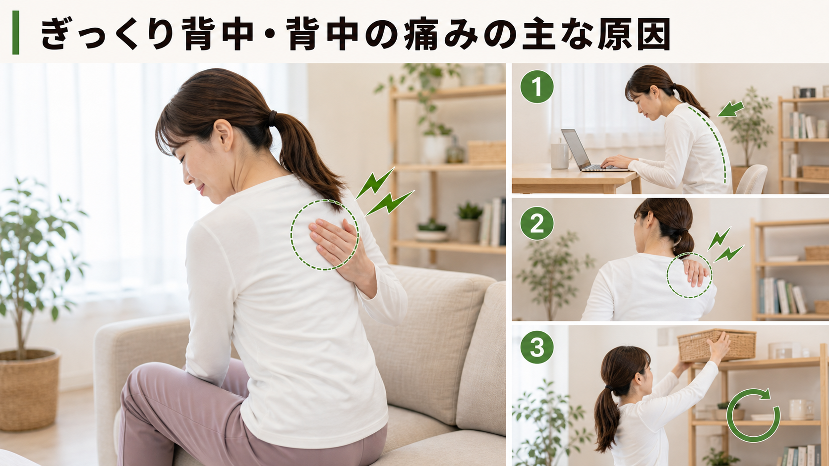 ぎっくり背中・背中の痛みの主な原因を姿勢・関節・筋肉・生活動作のつながりから確認するイメージ画像