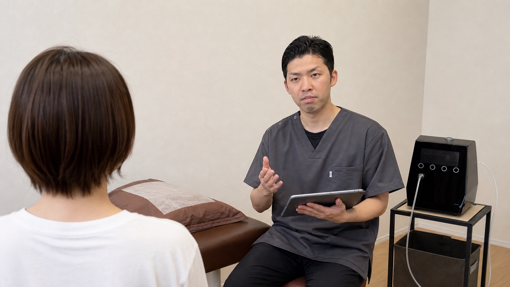 慢性的な肩や腰の痛みについて姿勢や呼吸を説明するりーる整骨院の相談風景