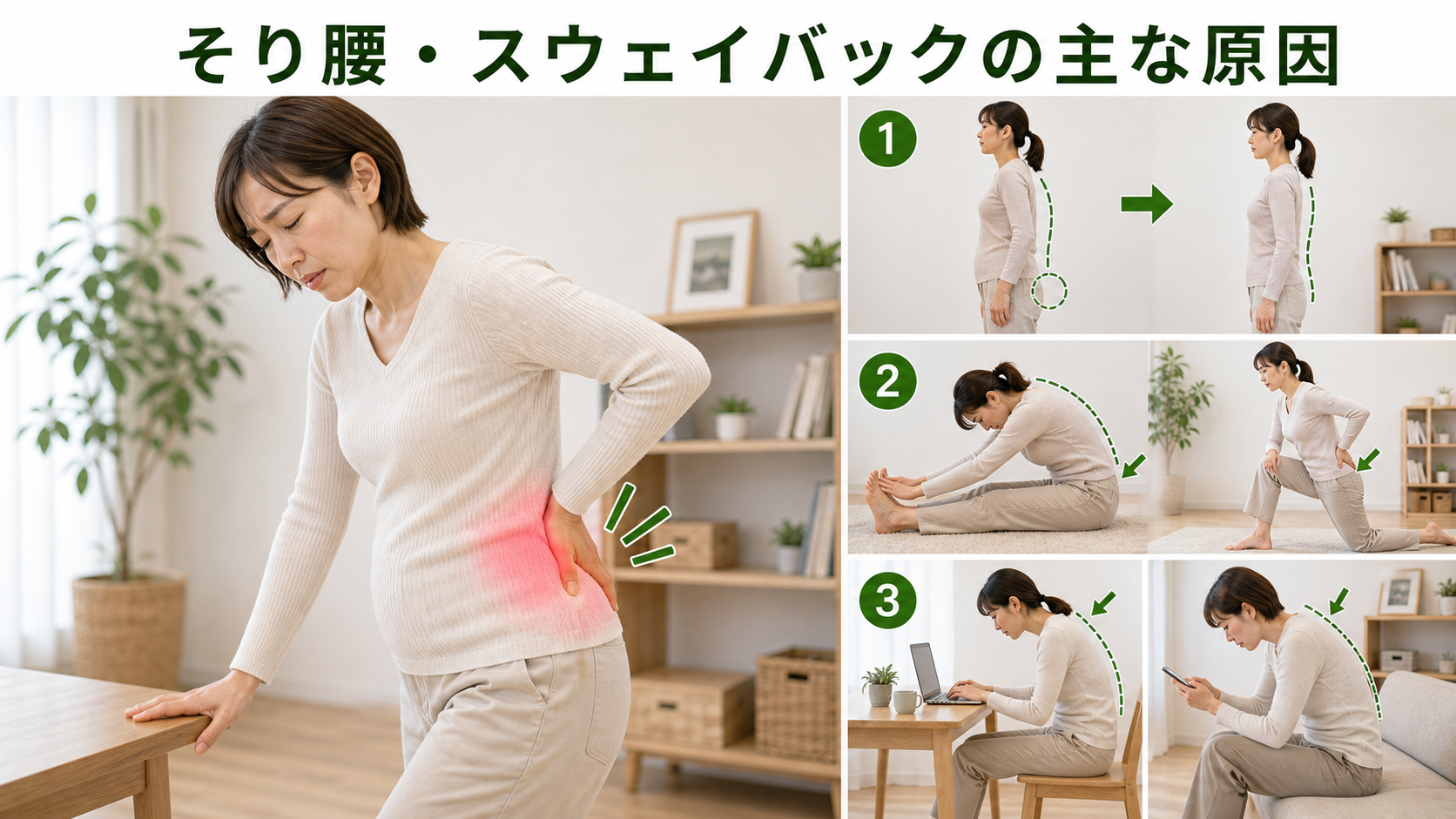 そり腰・スウェイバックの主な原因を姿勢・関節・筋肉・生活動作のつながりから確認するイメージ画像