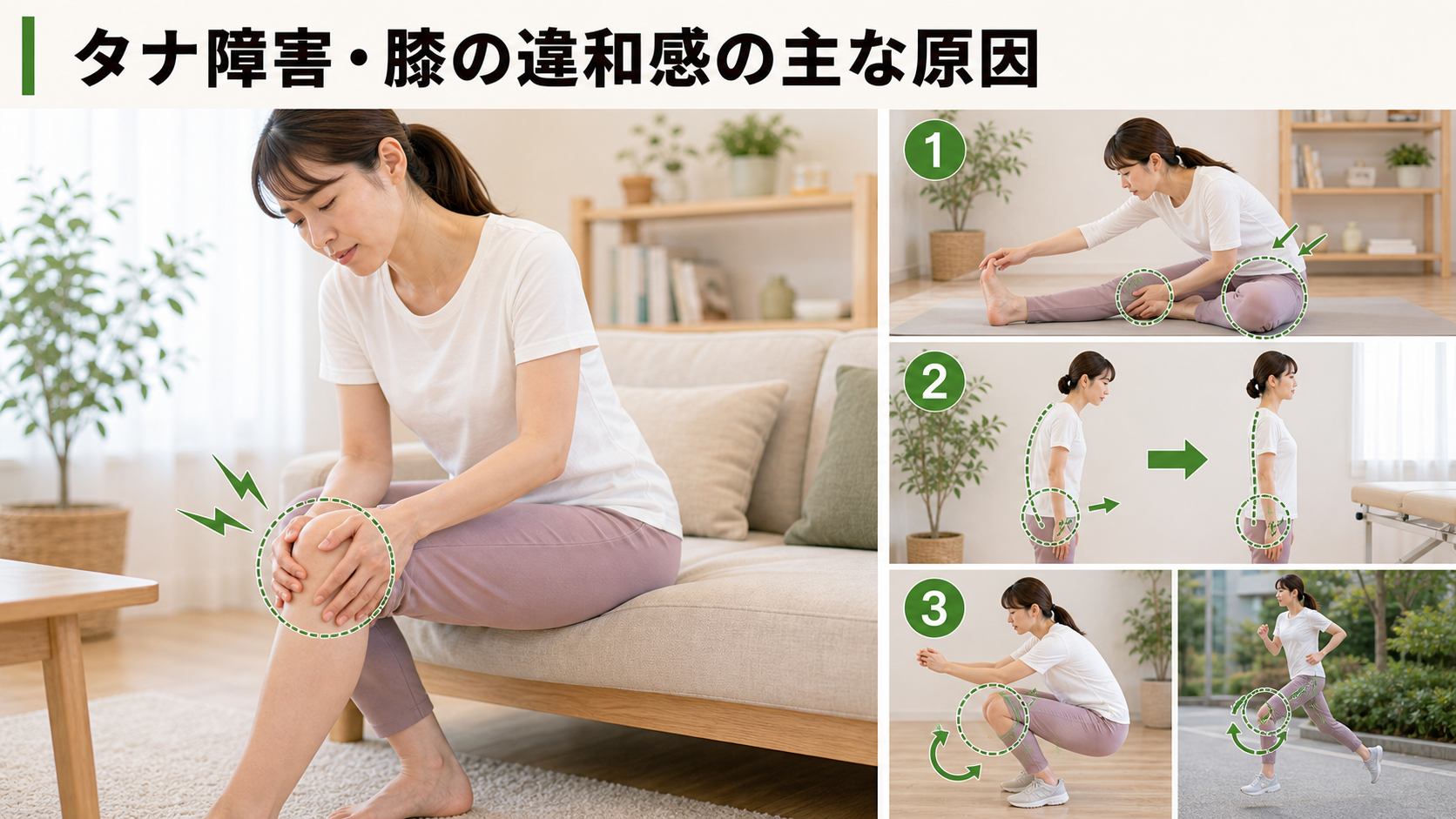 タナ障害・膝の違和感の主な原因を姿勢・関節・筋肉・生活動作のつながりから確認するイメージ画像