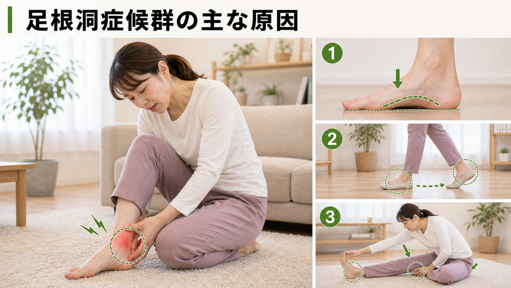 足根洞症候群の主な原因を姿勢・関節・筋肉・生活動作のつながりから確認するイメージ画像