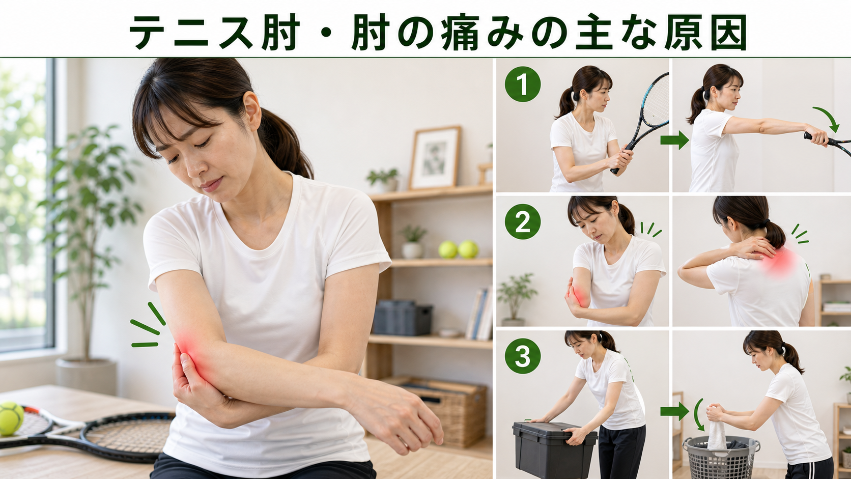 テニス肘・肘の痛みの主な原因を姿勢・関節・筋肉・生活動作のつながりから確認するイメージ画像