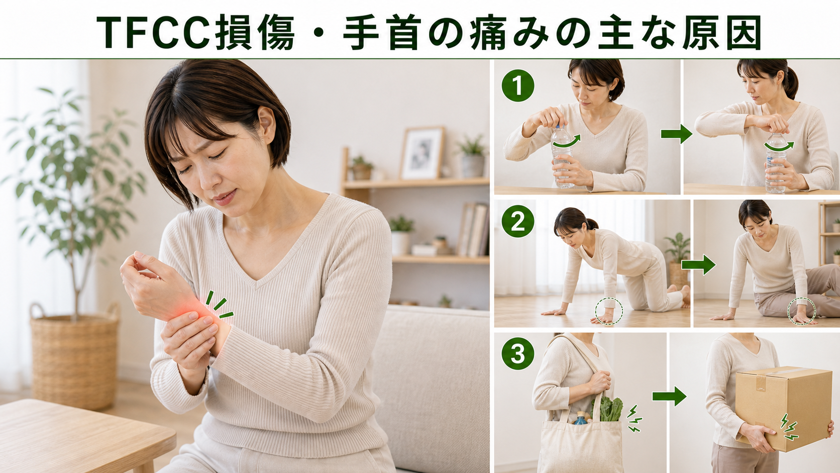 TFCC損傷・手首の痛みの主な原因を姿勢・関節・筋肉・生活動作のつながりから確認するイメージ画像