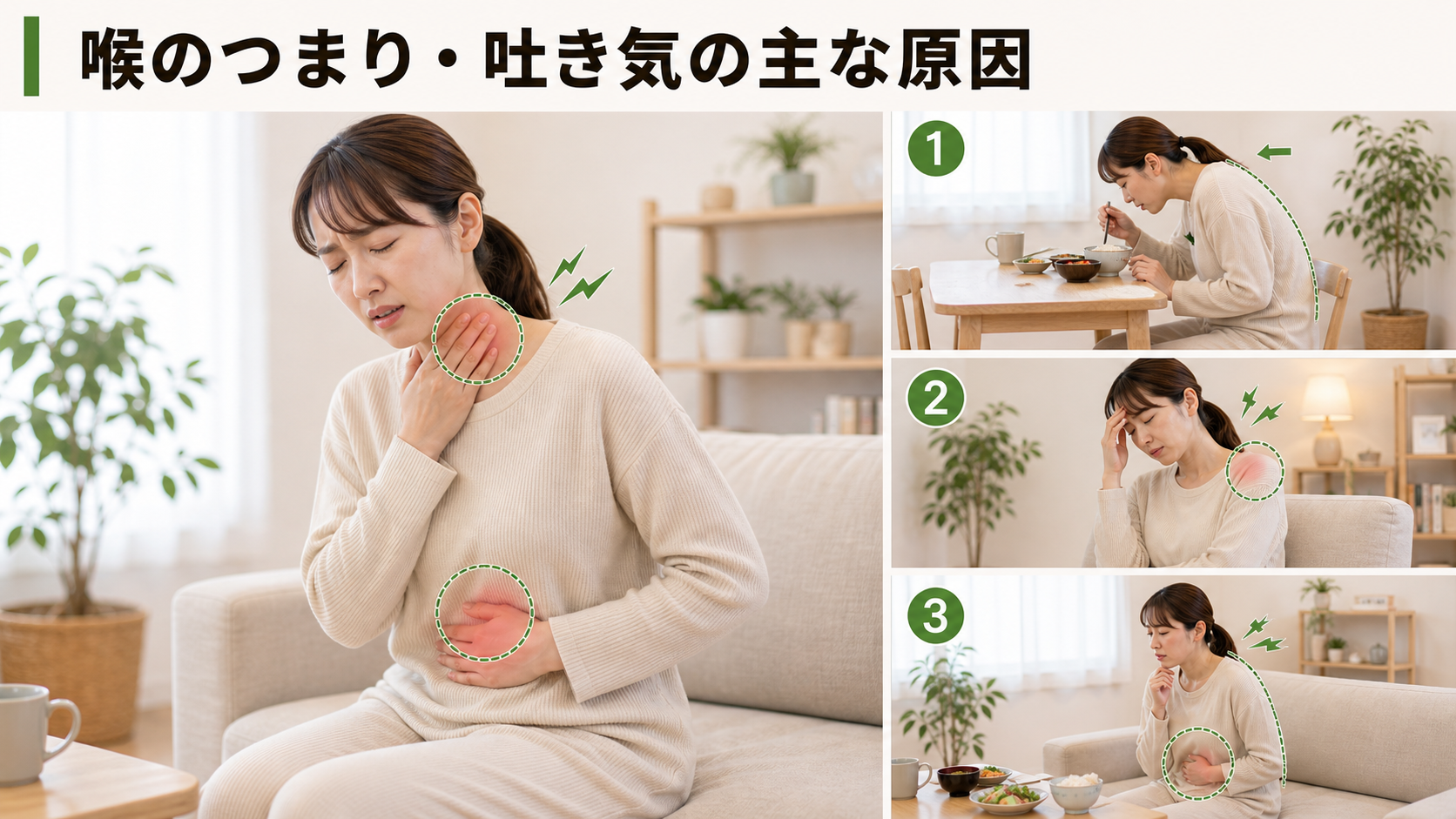 喉のつまり・吐き気の主な原因を姿勢・関節・筋肉・生活動作のつながりから確認するイメージ画像