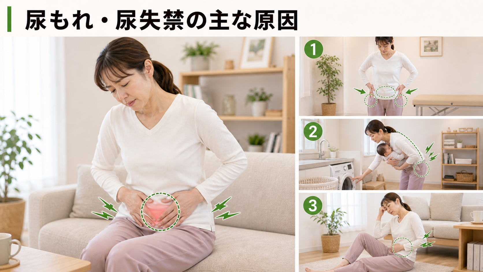 尿もれ・尿失禁の主な原因を姿勢・関節・筋肉・生活動作のつながりから確認するイメージ画像