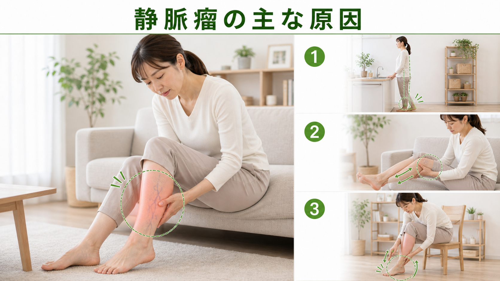 静脈瘤の主な原因を姿勢・関節・筋肉・生活動作のつながりから確認するイメージ画像