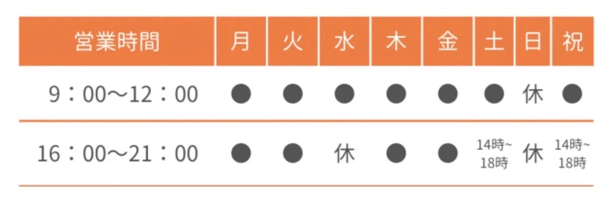 りーる整骨院の平日夜21時までを含む営業時間表