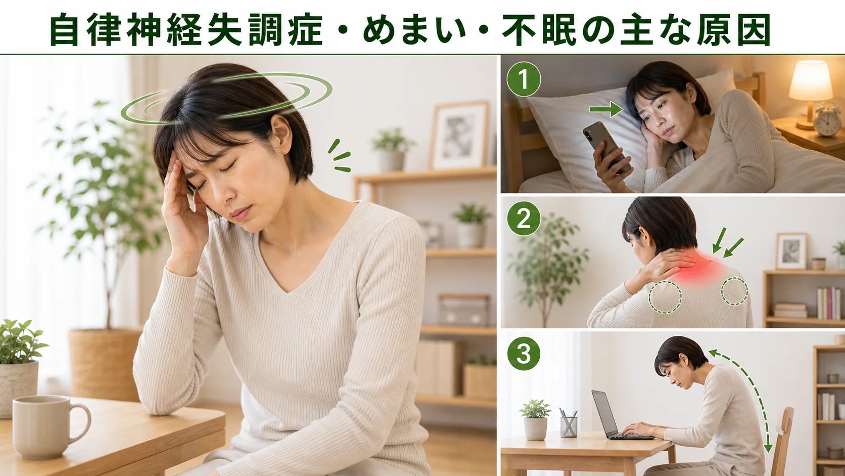 めまい・不眠・首肩の負担など自律神経の不調と重なる要因を確認するイメージ