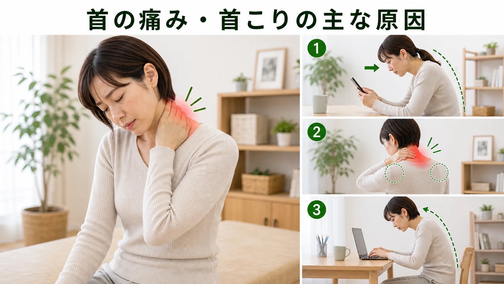 スマートフォンとパソコン使用時の首の位置を確認するイメージ