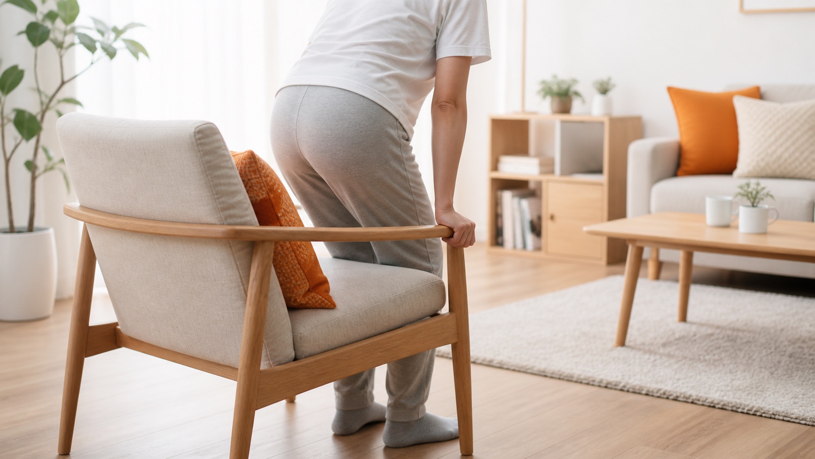 ぎっくり腰の当日に椅子のひじ掛けを使ってゆっくり立つイメージ