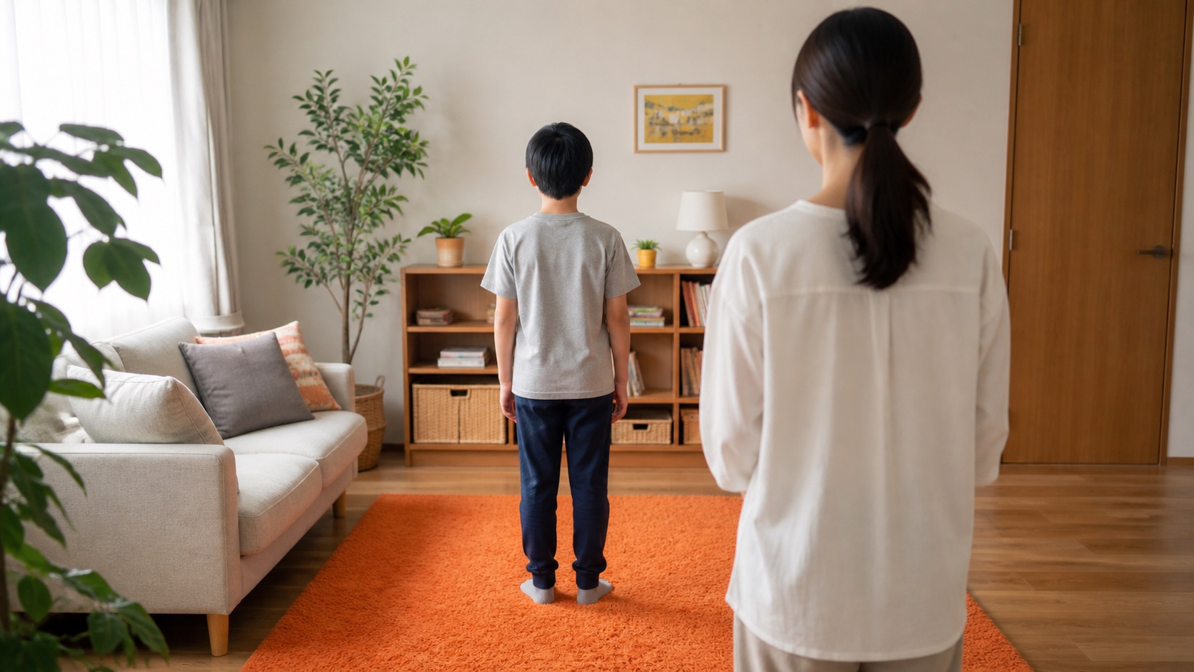 家庭で子どもの立ち姿を後ろから確認する保護者