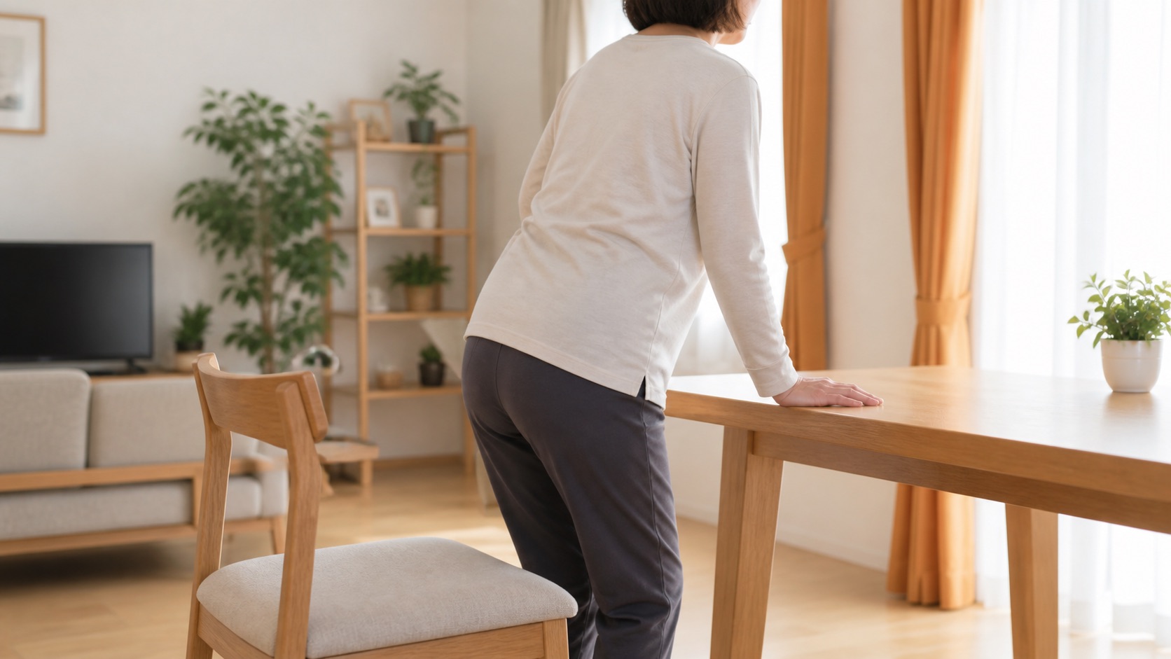 椅子を使い無理のない範囲で体の動きを確認する後ろ姿