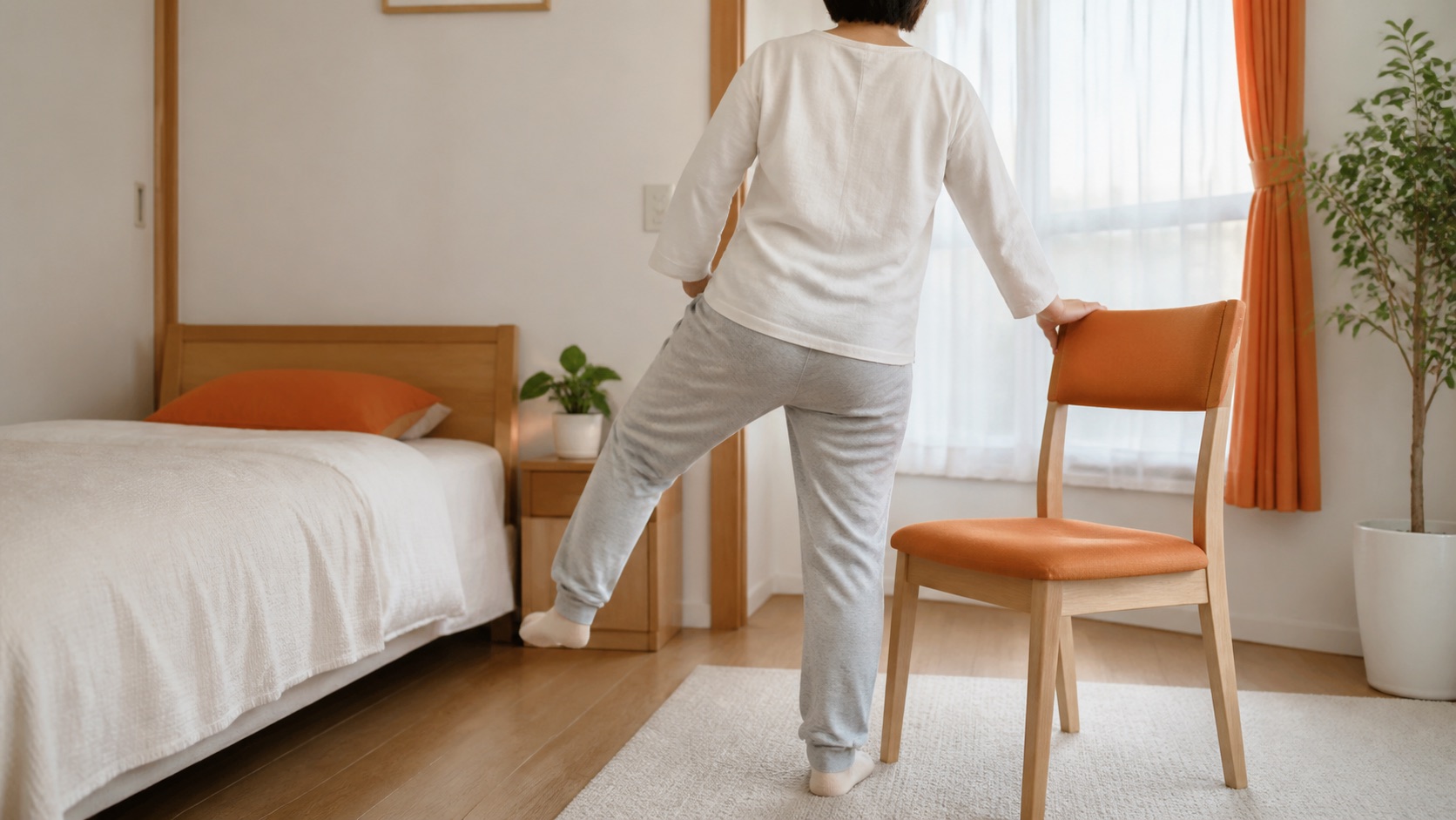 急な腰痛で安全に動ける範囲を確認する後ろ姿