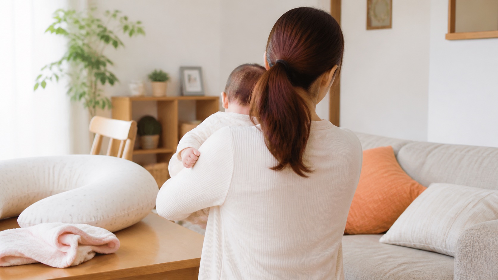 赤ちゃんを抱く産後の生活姿勢を後ろから確認するイメージ