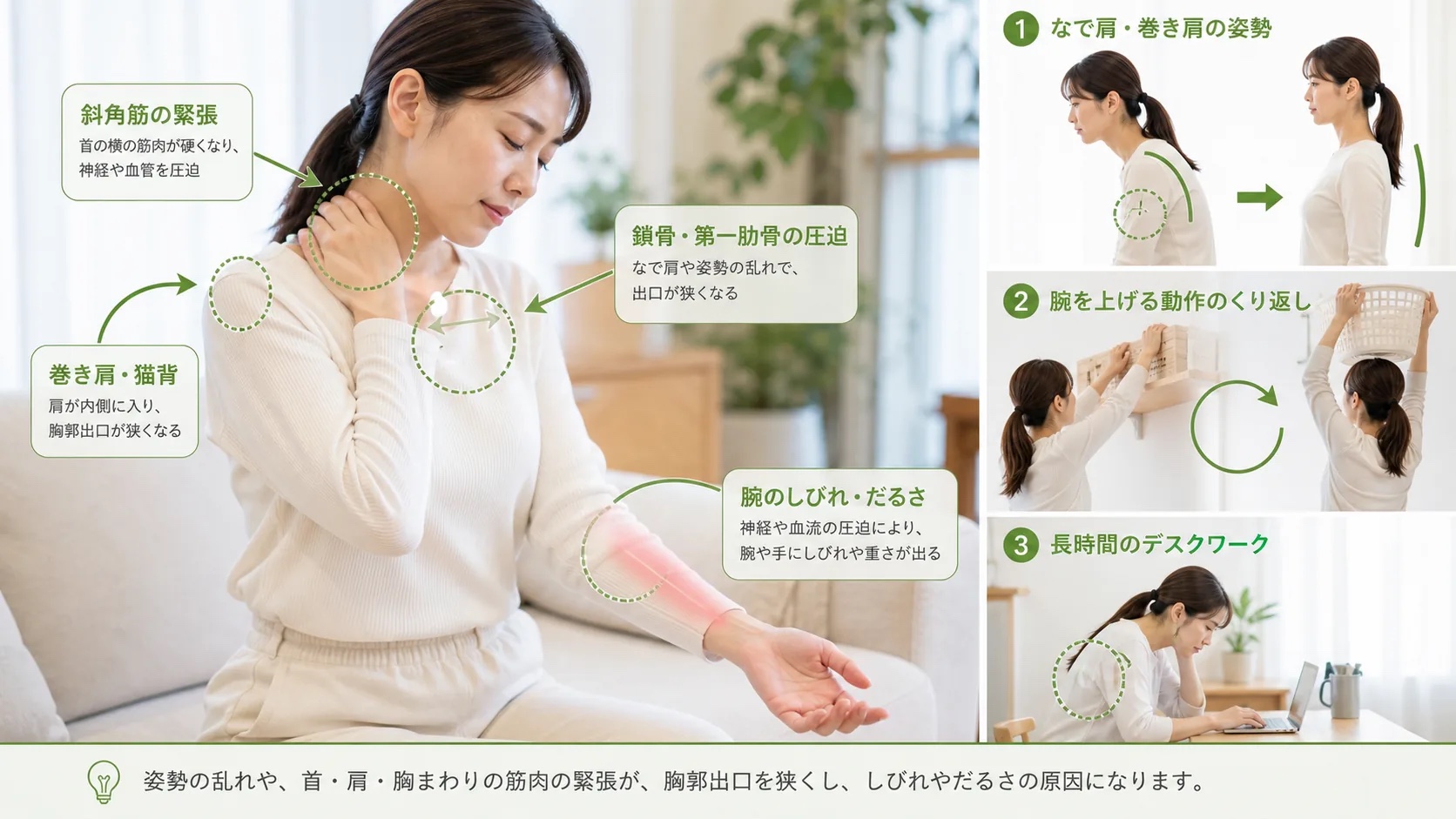 肩甲骨まわりの負担を首や胸郭を含めて確認するイメージ
