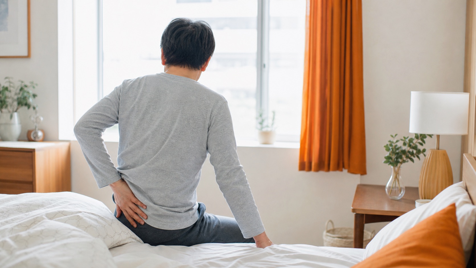 朝の腰まわりの状態を確認する人の後ろ姿