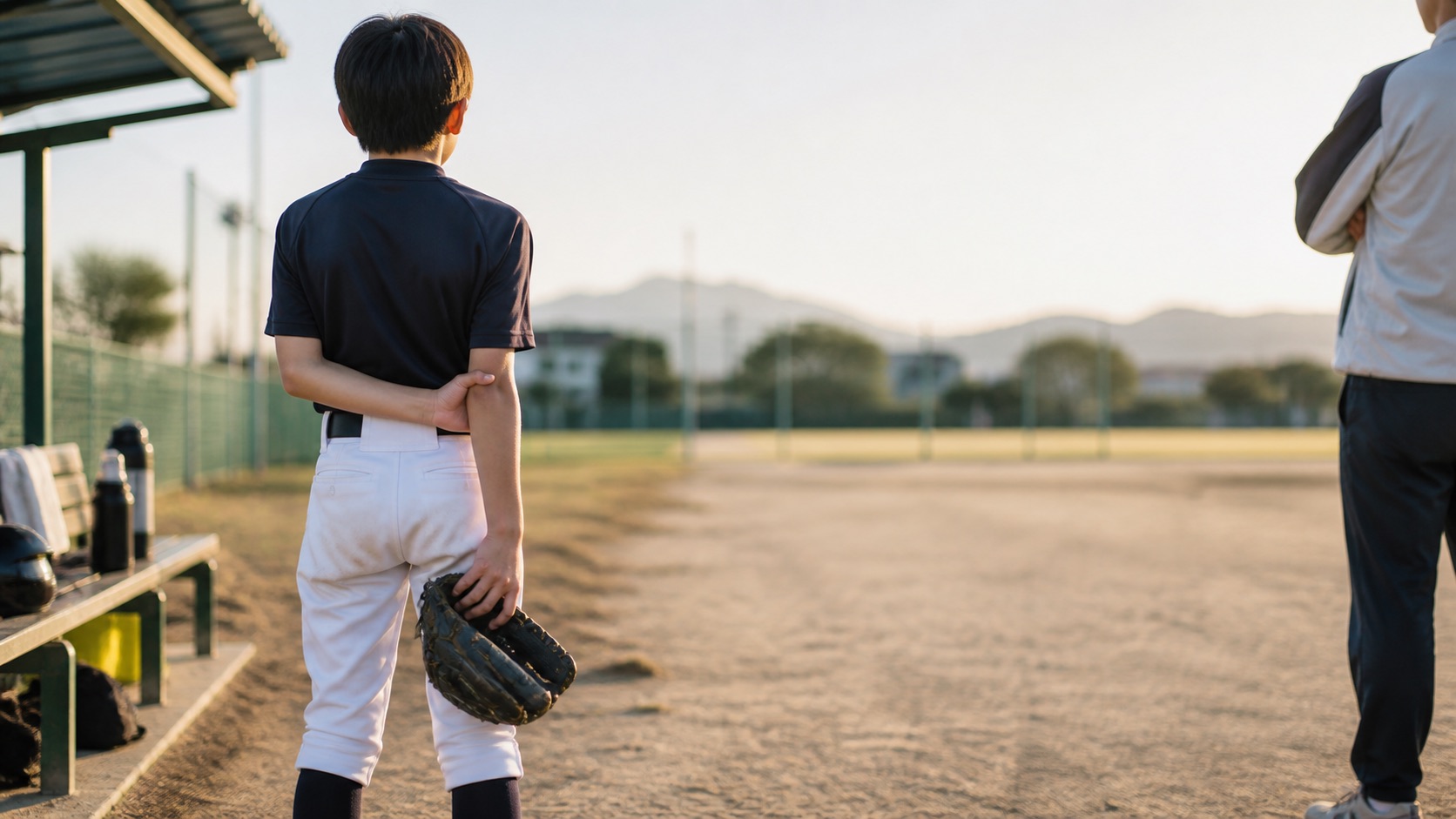 練習中の腕の違和感で動作を止める野球選手の後ろ姿