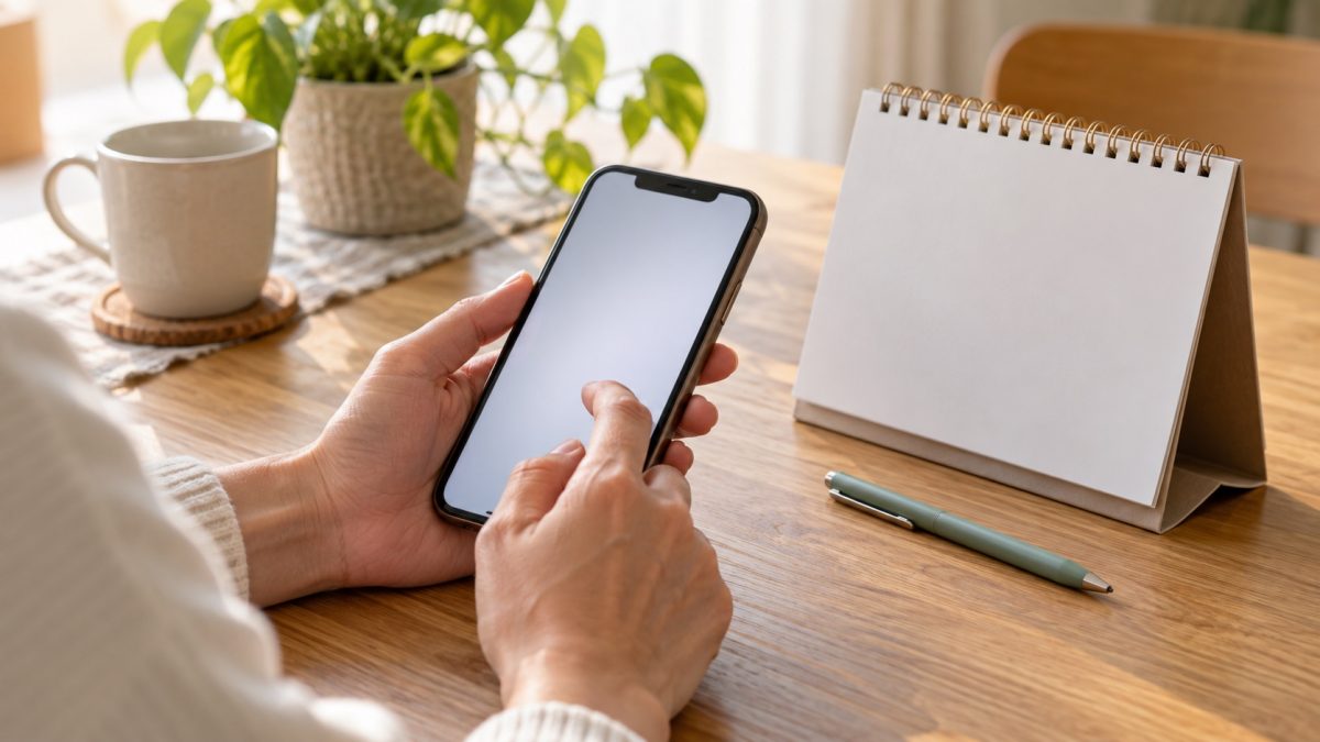 スマートフォンと予定表を手元に置き、相談予約を考えるイメージ