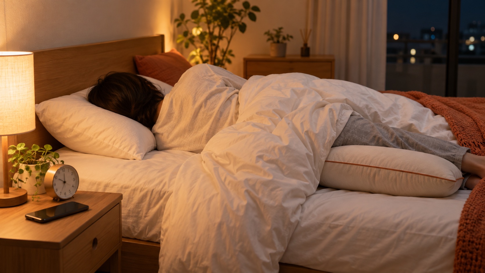 横向きで枕を膝に挟み睡眠姿勢を整える様子