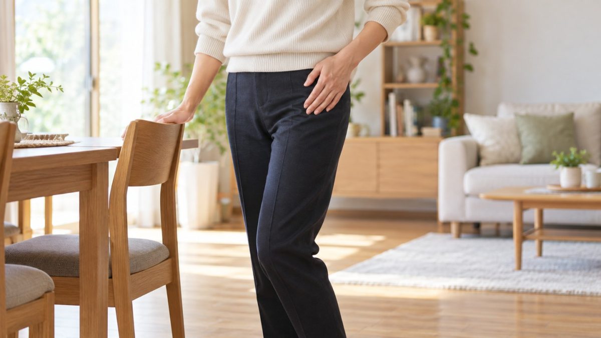 椅子のそばで脚の付け根に手を添える成人女性のイメージ（AI生成）