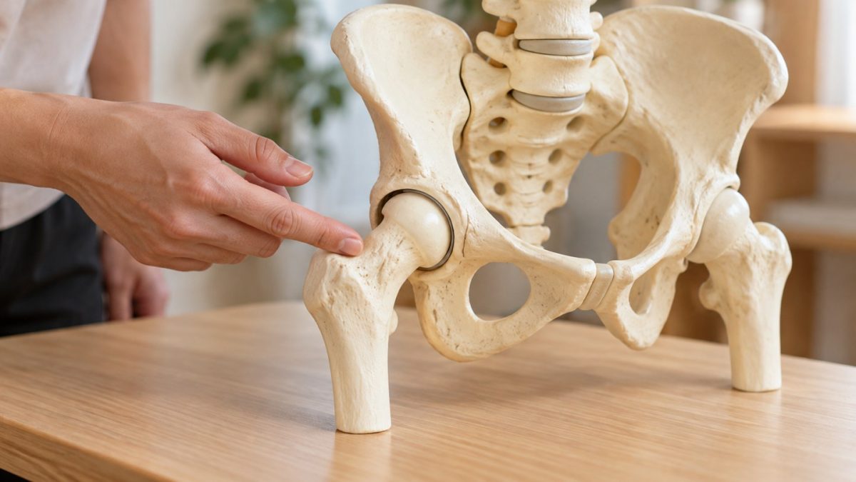股関節の受け皿と大腿骨頭の位置を模型で確認するイメージ（AI生成）