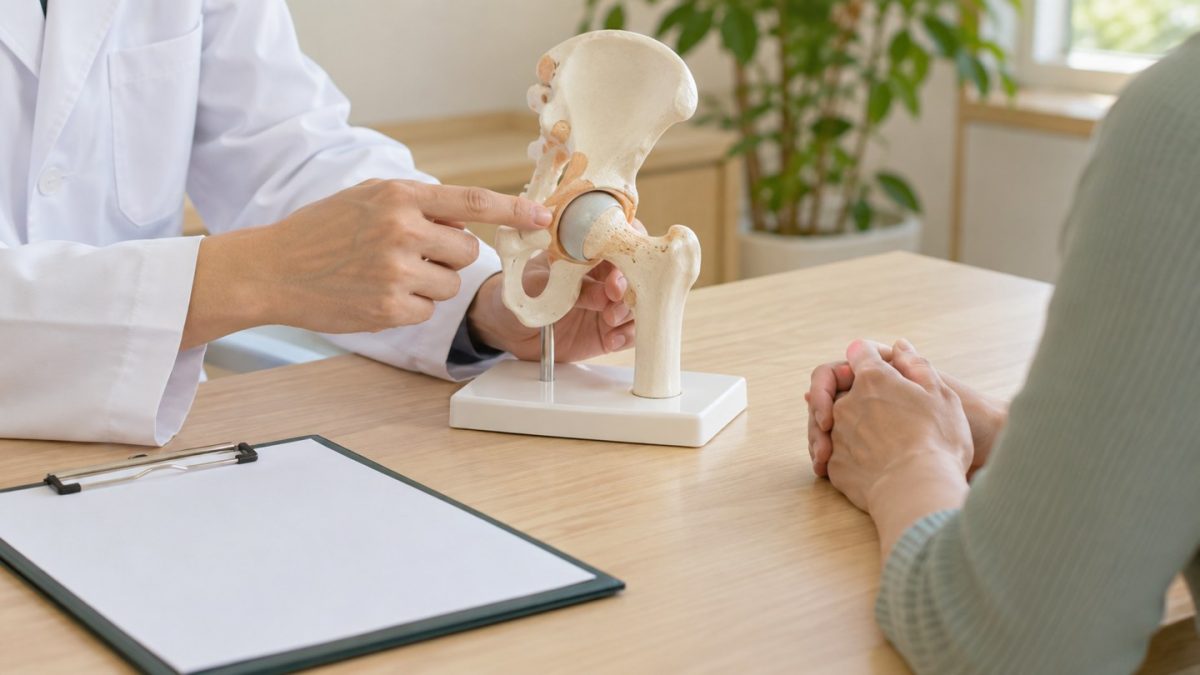 整形外科で股関節の模型を使って説明を受けるイメージ（AI生成）